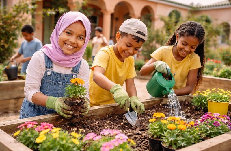 Children learning gardening and sustainable farming in a school garden