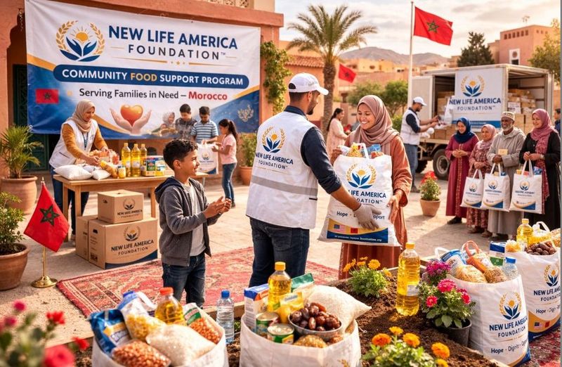 Volunteers distributing food packages to families near Marrakech, Morocco